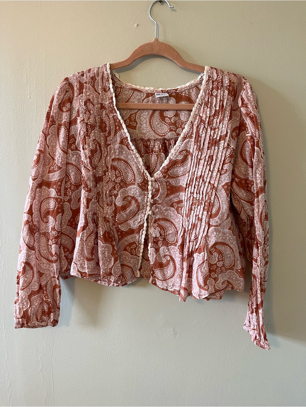 Bila Paisley Pintuck Button-Front Blouse in Dusty Rose and Cream 100% Cotton